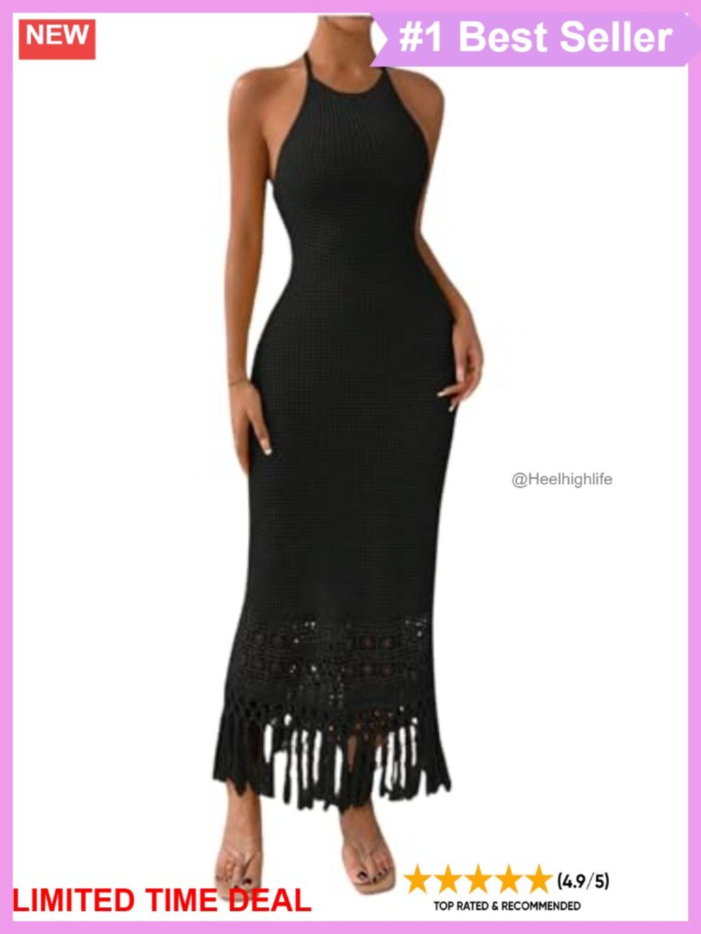 Halter Fringe Maxi Dress Backless Knit Bodycon Tie Back Sleeveless Slim Fit